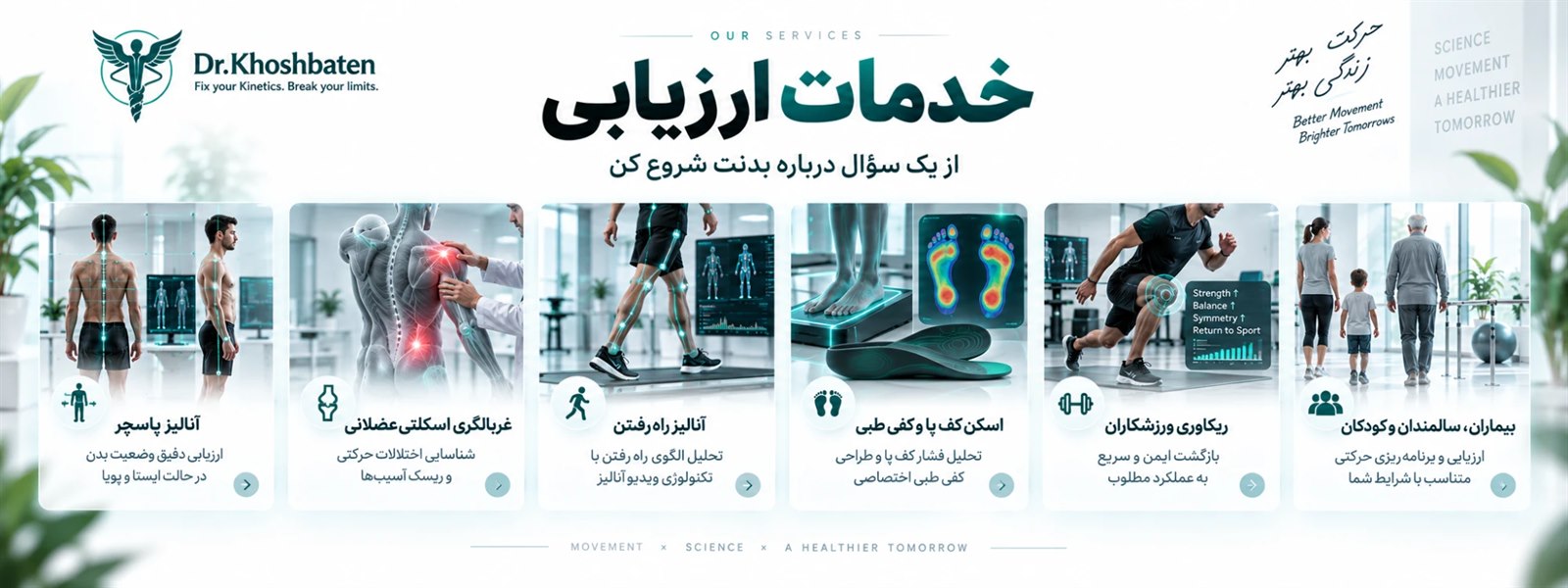 شش خدمت ارزیابی مرکز: آنالیز پاسچر، غربالگری اسکلتی‌عضلانی، آنالیز راه‌رفتن، اسکن کف پا و کفی طبی، ریکاوری ورزشکاران، و بیماران، سالمندان و کودکان